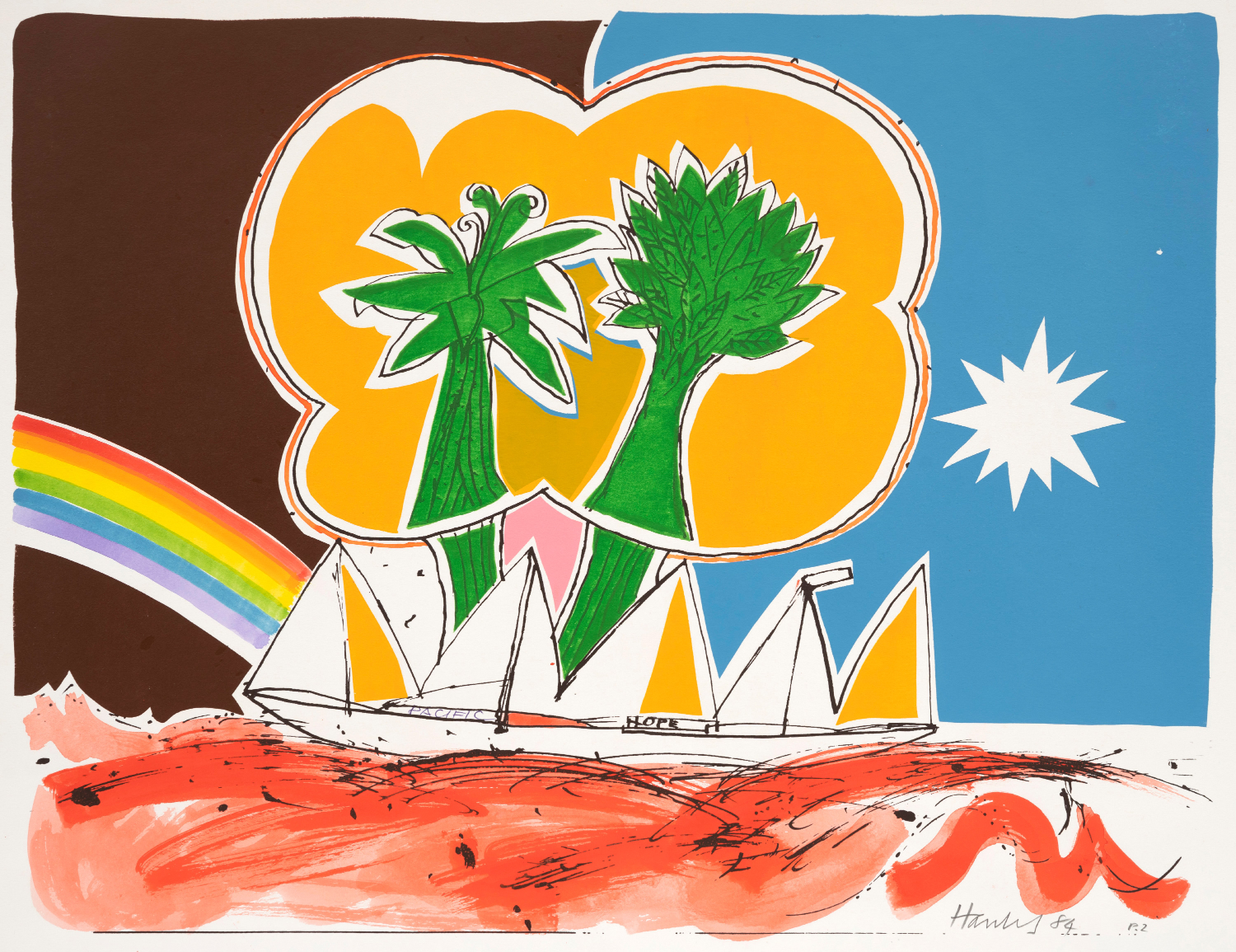 A screenprint with two green palm trees in a yellow cloud on a half blue, half brown baackground. below is a five sailed boat in a red sea. There is a rainbow on the left.